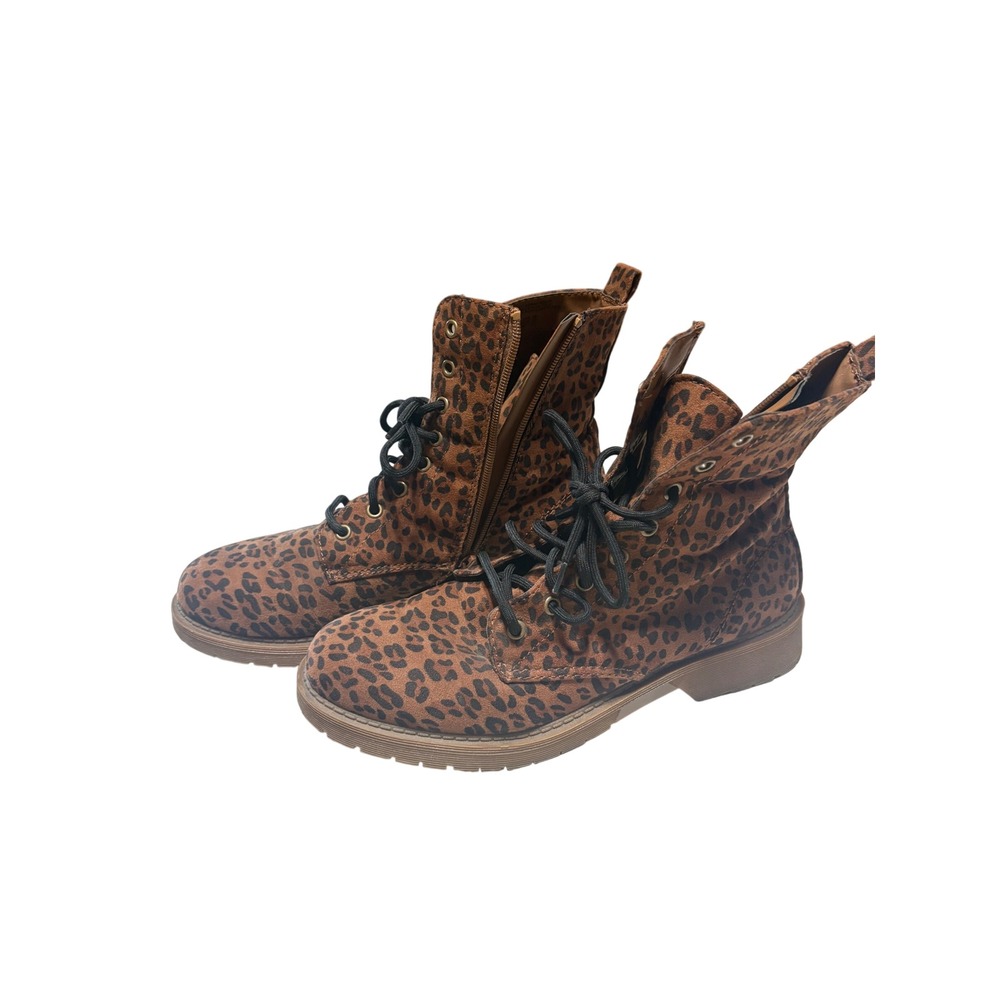 Time and Tru Womens Leopard Print Combat Boots Brown Ankle Bootie Size 10